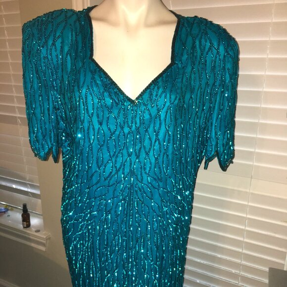 Lawrence Kazar Aqua Sequin Dress - Dinner Wedding 44 Bust Size Large Sw1 - Picture 1 of 4